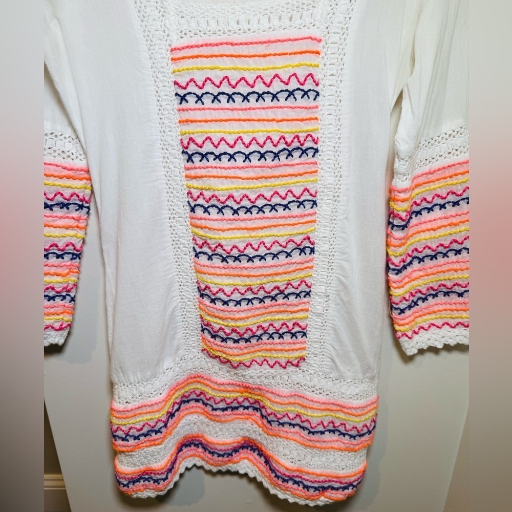 Letarte Handmade White W Vibrant Crochet Embroidered Cotton Coverup Size XS - Picture 2 of 8